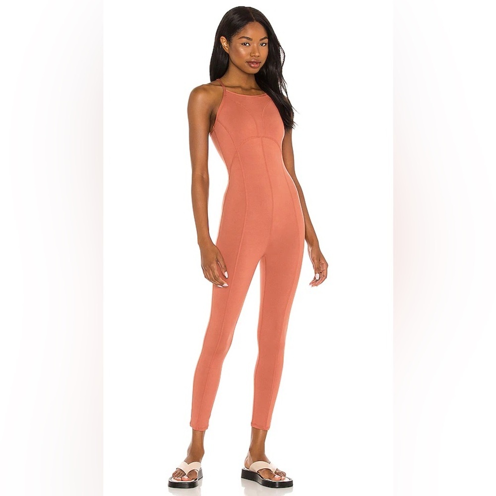 Free People Movement Side To Side‎ Onesie Fitted Jumpsuit In Coral Clay Medium
